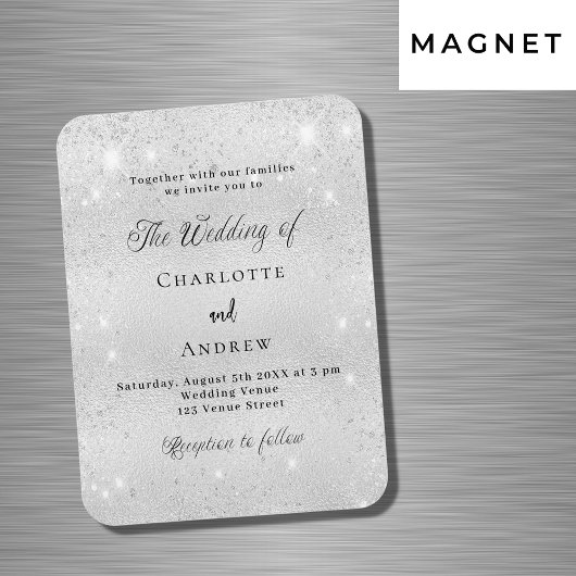 Zilveren glitter formele luxe bruiloft uitnodiging magneet