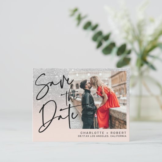 Zilveren glitter foto bruiloft opslaan van de datu aankondigingskaart (Staand voorkant)