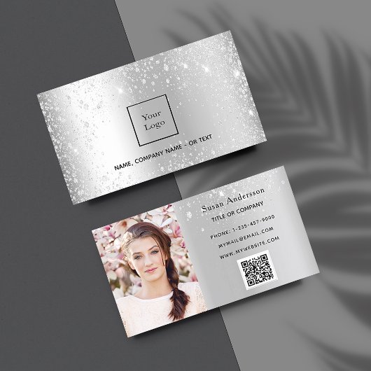 Zilveren glitter foto logo elegante QR-code Visitekaartje