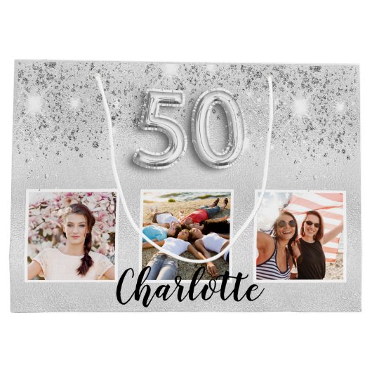 Zilveren glitter foto monogram 50e verjaardag groot cadeauzakje (Achterkant)