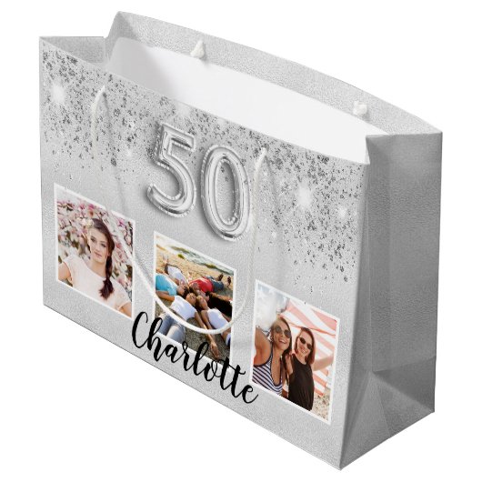 Zilveren glitter foto monogram 50e verjaardag groot cadeauzakje (Achterkant Gekanteld)