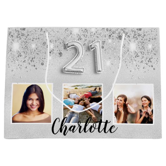 Zilveren glitter foto naam 21e verjaardag groot cadeauzakje (Voorkant)