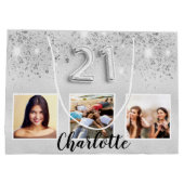 Zilveren glitter foto naam 21e verjaardag groot cadeauzakje (Achterkant)