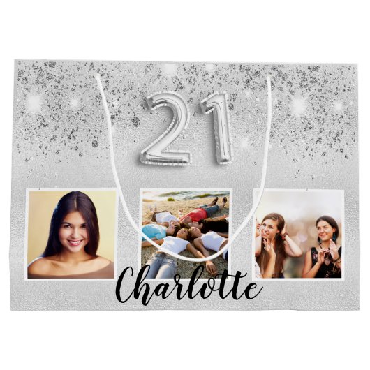 Zilveren glitter foto naam 21e verjaardag groot cadeauzakje (Achterkant)