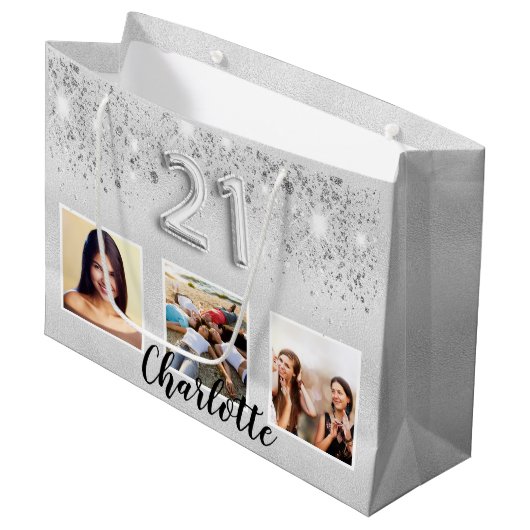 Zilveren glitter foto naam 21e verjaardag groot cadeauzakje (Voorkant Gekanteld)