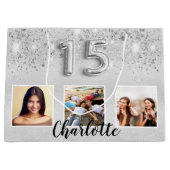 Zilveren glitter foto naam Quinceanera Groot Cadeauzakje (Voorkant)