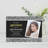 Zilveren Glitter Foto Quinceanera Uitnodiging (Staand voorkant)