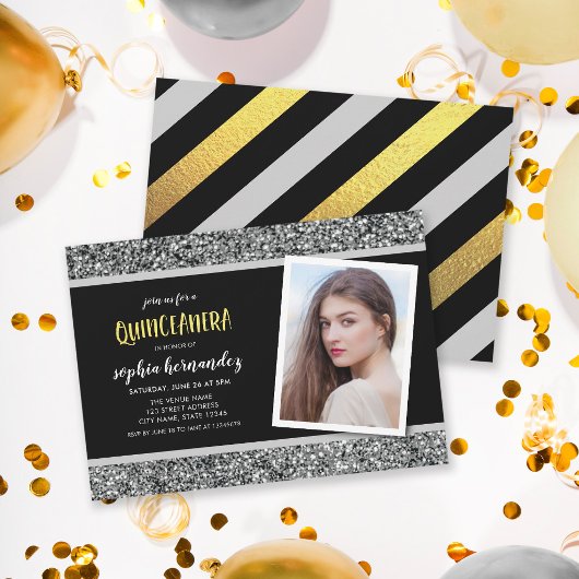 Zilveren Glitter Foto Quinceanera Uitnodiging