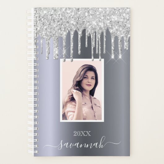 Zilveren glitter foto sparkle monogram planner (Voorkant)
