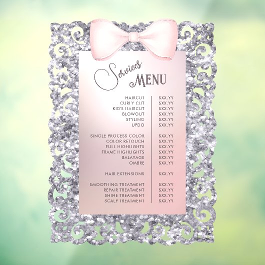 Zilveren Glitter Frame Roze Strik Diensten Menu Raamsticker (Vel 3)