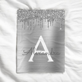 Zilveren Glitter Geborsteld Metaal Monogram Naam Fleece Deken