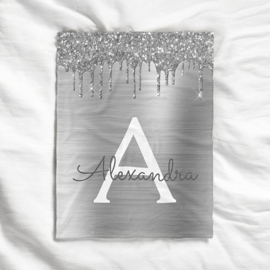 Zilveren Glitter Geborsteld Metaal Monogram Naam Fleece Deken