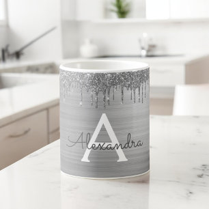 Zilveren Glitter Geborsteld Metaal Monogram Naam Koffiemok