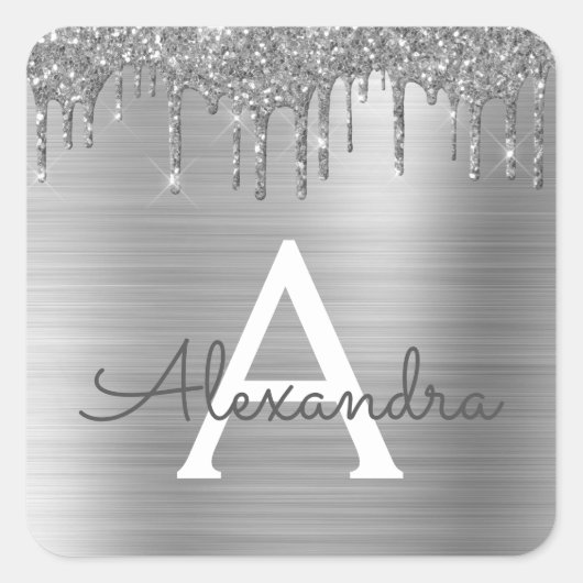 Zilveren Glitter Geborsteld Metaal Monogram Naam Vierkante Sticker (Voorkant)