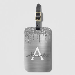 Zilveren Glitter Geborsteld Metal Monogram Naam Bagagelabel
