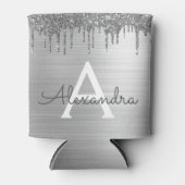 Zilveren Glitter Geborsteld Metal Monogram Naam Blikjeskoeler (Voorkant)