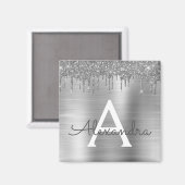 Zilveren Glitter Geborstelde Metaal Monogram Naam Magneet (Voorkant / Achterkant)
