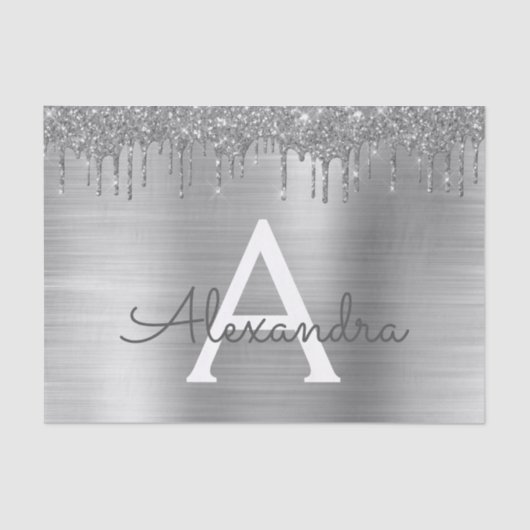 Zilveren Glitter Geborstelde Metaal Monogram Naam Tissuepapier (Voorkant)