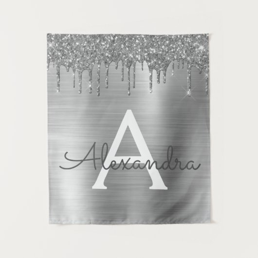 Zilveren Glitter Geborstelde Metaal Monogram Naam Wandkleed (Voorkant)