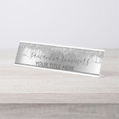 Zilveren Glitter Glam Drips Handgeschreven Kalligr Bureau Naambordje (Voorkant)