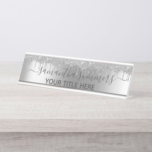 Zilveren Glitter Glam Drips Handgeschreven Kalligr Bureau Naambordje (Voorkant)