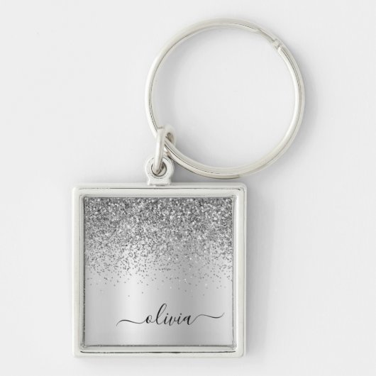 Zilveren Glitter Glam Metaal Monogram Naam Sleutelhanger (Voorkant)