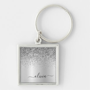 Zilveren Glitter Glam Metalen Monogram Naam Sleutelhanger