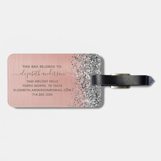 Zilveren Glitter Glam Roze Geborsteld Metaal Monog Bagagelabel (Achterkant horizontaal)