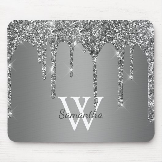 Zilveren Glitter Glans Drip Folie Monogram Naam Muismat (Voorkant)