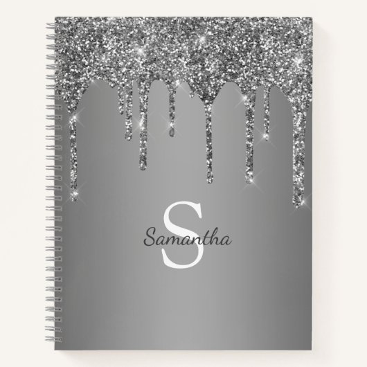 Zilveren Glitter Glans Drip Folie Monogram Naam Notitieboek (Voorkant)