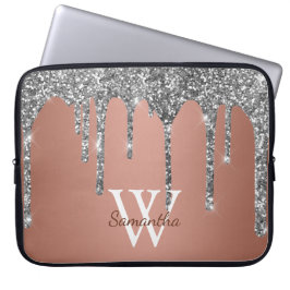 Zilveren Glitter Glans Drip Roze Gouden Monogram Laptop Sleeve