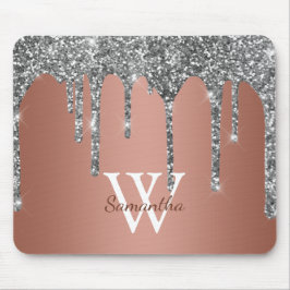 Zilveren Glitter Glans Drip Roze Gouden Monogram Muismat