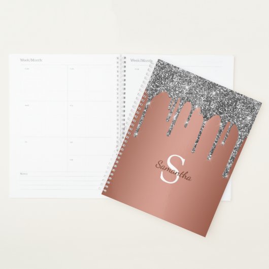 Zilveren Glitter Glans Drip Roze Gouden Monogram Planner (Display)