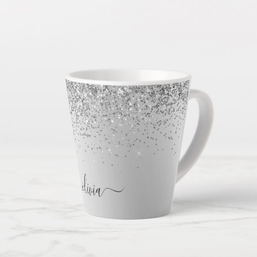 Zilveren Glitter Glans Metaal Monogram Naam Latte Mok (Rechterhoek)