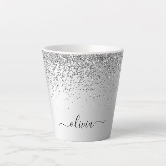 Zilveren Glitter Glans Metaal Monogram Naam Latte Mok (Voorkant)