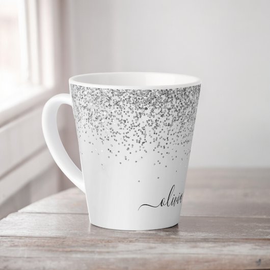 Zilveren Glitter Glans Metaal Monogram Naam Latte Mok