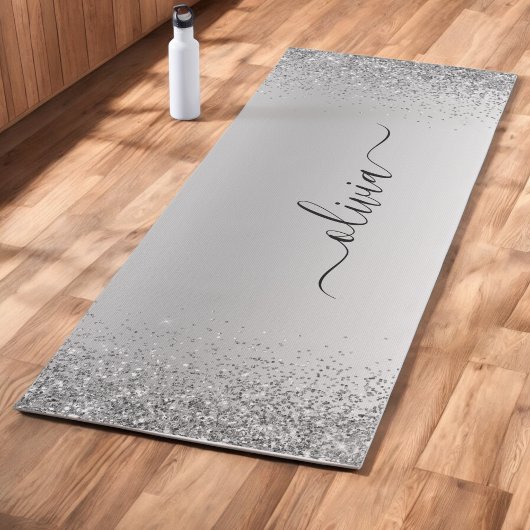 Zilveren glitter glans metaal monogram naam yogamat