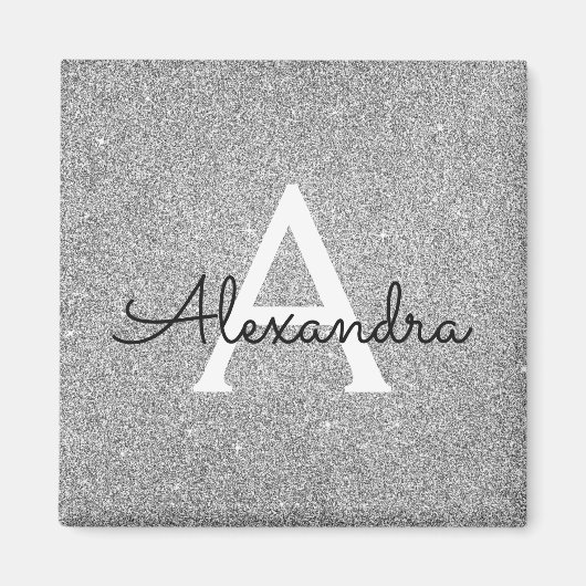 Zilveren Glitter & Glans Monogram Verjaardag Magneet (Voorkant)