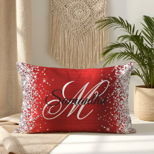 Zilveren Glitter Glanzende Rode Folie Fancy Monogr Kussen