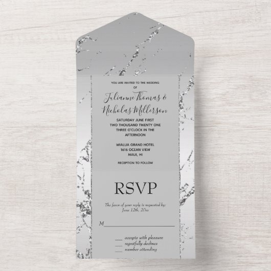 Zilveren Glitter Glitzy Marmer All In One Uitnodiging (Binnen)