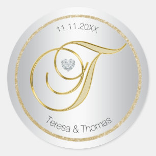 Zilveren Glitter Goud Monogram Bruiloft Envelop Af Ronde Sticker