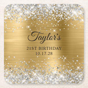 Zilveren Glitter Gouden Folie 21e Verjaardag Kartonnen Onderzetters