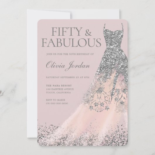 Zilveren Glitter Gown & Blush 50ste Verjaardagsfee Kaart (Voorkant)
