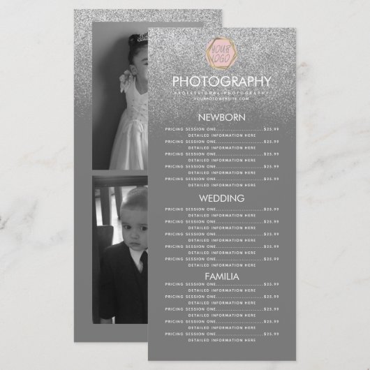 Zilveren Glitter Grijs Logo Fotografiebedrijf Menu (Voorkant / Achterkant)