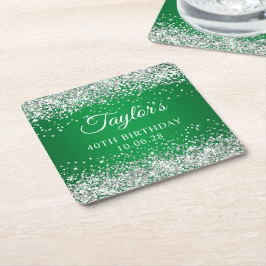 Zilveren Glitter Groen 40ste verjaardag Kartonnen Onderzetters (Schuin)