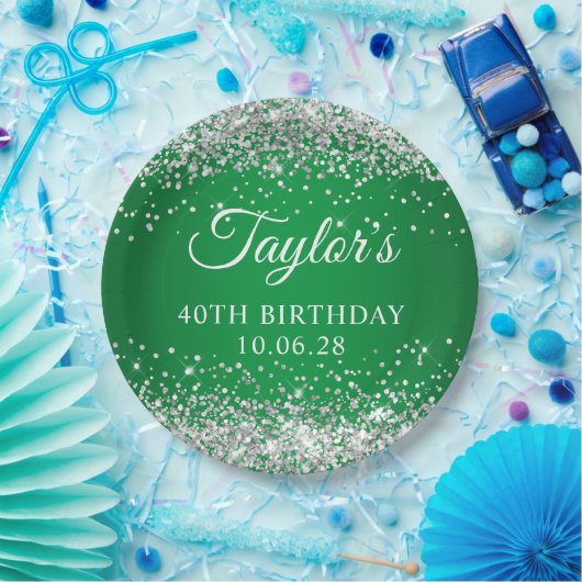 Zilveren Glitter Groen 40ste verjaardag Papieren Bordje (Feest)
