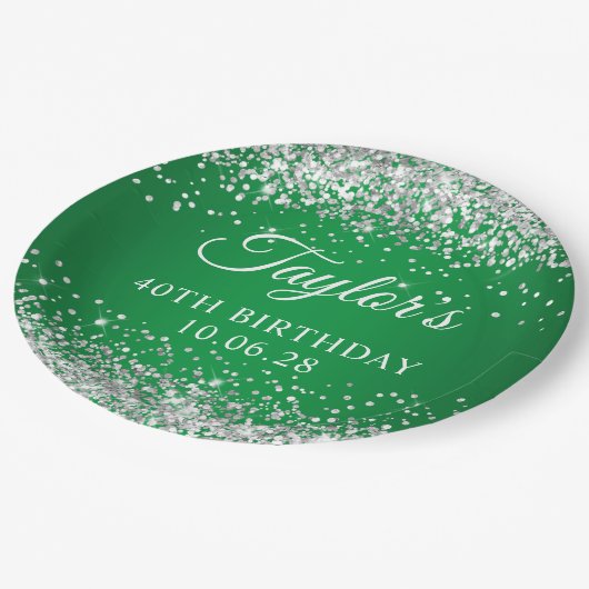 Zilveren Glitter Groen 40ste verjaardag Papieren Bordje (Gekanteld)