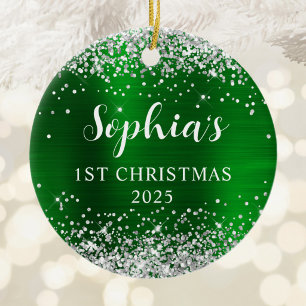 Zilveren Glitter Groen Nep Folie 1e Kerst Foto Keramisch Ornament