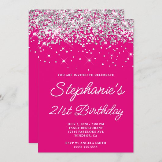 Zilveren Glitter Heet Roze 21e Verjaardag Kaart (Voorkant / Achterkant)