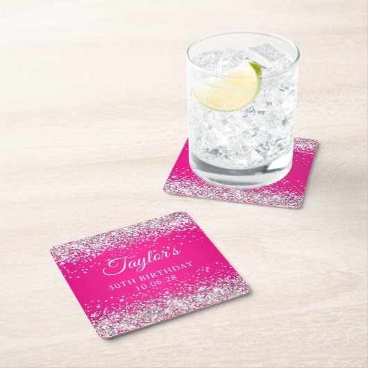 Zilveren Glitter Heet Roze 30e Verjaardag Kartonnen Onderzetters (Insitu)